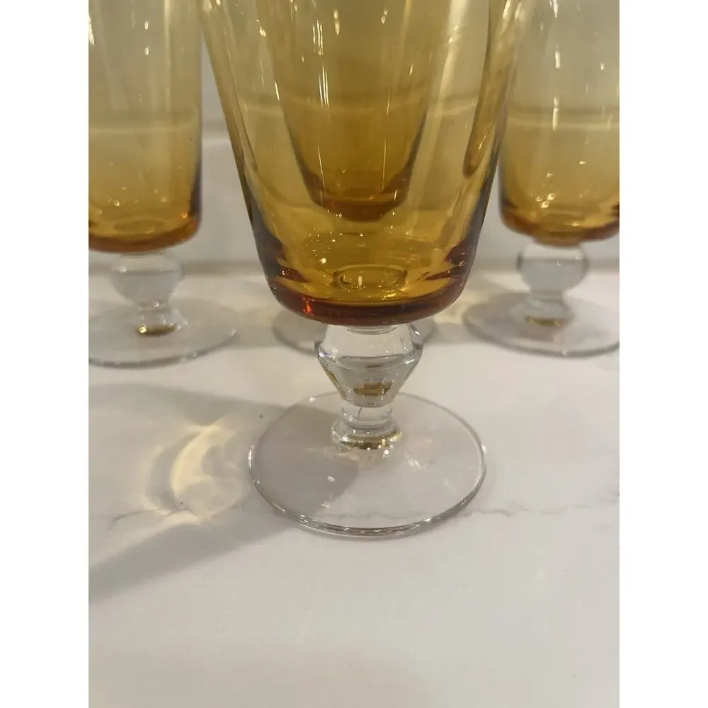 Vtg Set Of 4 Amber Crystal Iced Tea Glasses Bubble Accent Stems 3 Lg And 1 Small